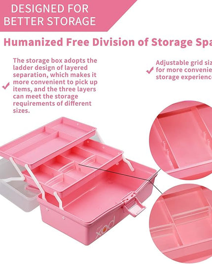 12in 3-Layer Plastic Craft Organizers and Storage, Portable Folding Tackle Box with Handle & Adjustable Dividers, Multipurpose Case for Sewing, Art Supplies, Medicine, Tools (Pink)