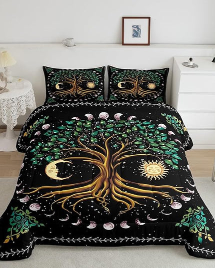 Tree Artwork Kids Comforter Set Queen Size,Sun Moon Starry Sky Galaxy Trippy Bedding Set,Boys Girls Adults Room Decor,Boho Exotic Psychedelic Down Comforter,Watercolor Duvet Insert,2 Pillowcases