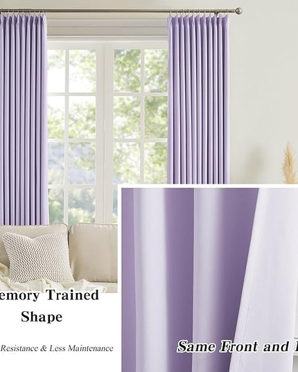 KEQIAOSUOCAI Custom Pleated Curtains Lilac Color, Heat Blocking Window Treatment for Bedroom Vertical Draft Blackout Blinds for Living Room 40 Wide by 90 Inch Long, 2 Panels, Lavender, Pinch Pleat