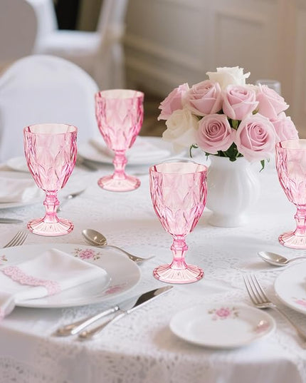 16 Pack Vintage Wine Glasses, Plastic Reusable 12 Ounce Colored Water Goblets, Unique Embossed Pattern Unbreakable Stemmed Wine Glasses, High Clear Wedding Party Bar Drinking Cups Pink