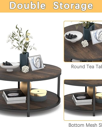 NSdirect 36 inches Round Coffee Table, Rustic Wooden Surface Top & Sturdy Metal Legs Industrial Sofa Table for Living Room Modern Design Home Furniture with Storage Open Shelf(Rustic Brown)