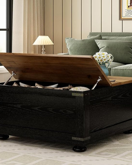 Farmhouse Coffee Table with Storage, Lift Coffee Tables for Living Room, Square Coffee Table with Wood Gourd Feet and Hydraulic Gas Rod (Black)