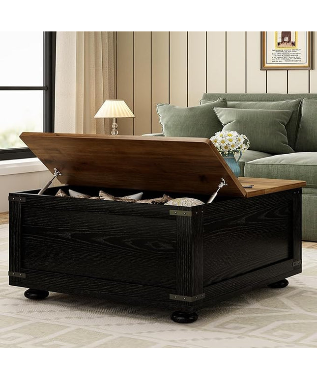 Farmhouse Coffee Table with Storage, Lift Coffee Tables for Living Room, Square Coffee Table with Wood Gourd Feet and Hydraulic Gas Rod (Black)