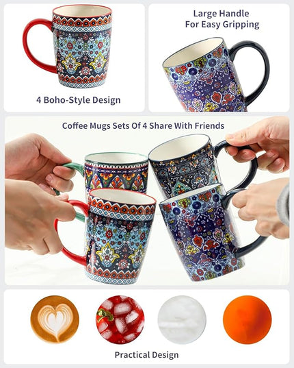 HASENSE Coffee Mugs, 15 OZ Coffee Cups Ceramic Set of 4 with Handle and Bohemian Style for Man Woman, Vintage Stoneware Porcelain Coffee Cups Set for Tea, Cocoa, Milk, Latte and Cappuccino - Multi