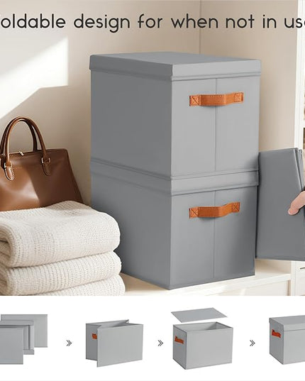 Storage Bins with Lids - Fabric Storage Baskets for Shelves, 4 Pack Foldable Decorative Boxes with Handles, Stackable Organizer Bins for Home, Nursery, Dorm, Grey