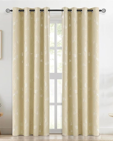 BUHUA Room Darkening Curtains 63 Inch Length, Window Treatments for Living Room Grommet Curtains with Silver Leaf Foil Design (52 x 63 Inch,Beige,Set of 2)