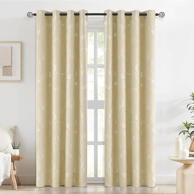 BUHUA Heat Blocking Curtains, Black Out Curtains 72 Inch Long 2 Panels Burg, Soundproof Curtains with Silver Leaf Printed (52 x 72 Inch,Beige,Set of 2 Panels)