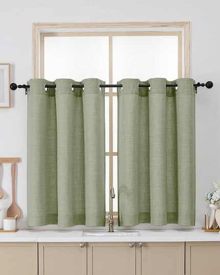 Chyhomenyc Sage Green Curtains 36 Inch Length, Light Filtering Faux Linen Textured Small Kitchen Window Curtains Over Sink, Grommet Short Cafe Curtain for Bathroom Basement, 40Wx36L, 2PCS