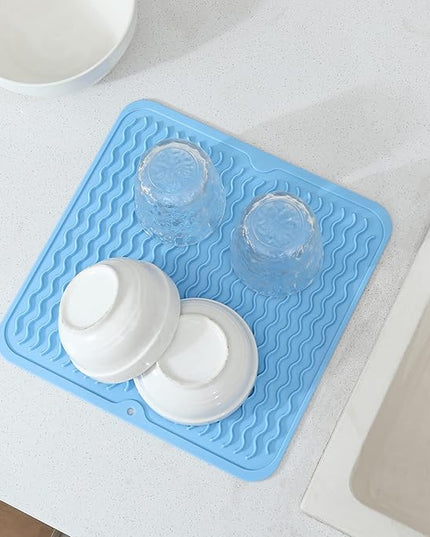 Silicone Dish Drying Mat for Multiple Usage,Easy clean,Eco-friendly,Heat-resistant Silicone Mat for Kitchen Counter or Sink,Refrigerator or Drawer liner Light Blue M 12 inches x 12 inches