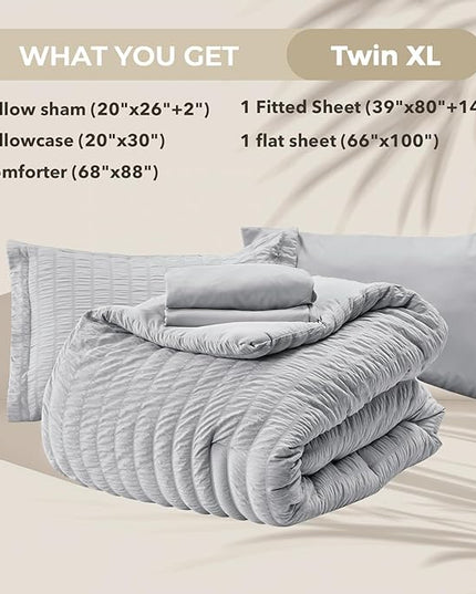 HYMOKEGE Light Grey Twin XL Comforter Set Seersucker 5 Pieces, All Season Luxury Bed in a Bag for Bedroom, Bedding Set with Comforter, Sheets, Pillowcase & Sham