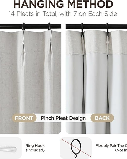 Joydeco Pinch Pleated Linen Curtains Darkening Drapes for Bedroom, 100% Blackout Drapes 96 inches Long 2 Panels Heat Blocking Curtains(Ivory,40'' Wx96'' L)