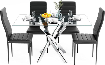 5 Piece Dining Table Set, Tempered Glass Dining Set for 4, with 4 Upholstered Chairs (Silver Table, Black Chairs)