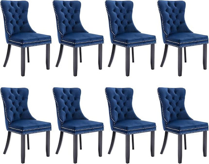 SoarFlash Velvet Dining Chair Set of 8, Upholstered Tufted Dining Room Chair with Nailhead Trim and Solid Wood Leg for Kitchen (Blue)