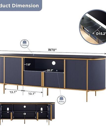 OKD Luxury 70" Fluted TV Stand, Modern Chic Entertainment Center for TVs Up to 80 inches, TV Console with Faux Marble Top, Curved Profile Design, Media Console for Living Room, Navy Blue
