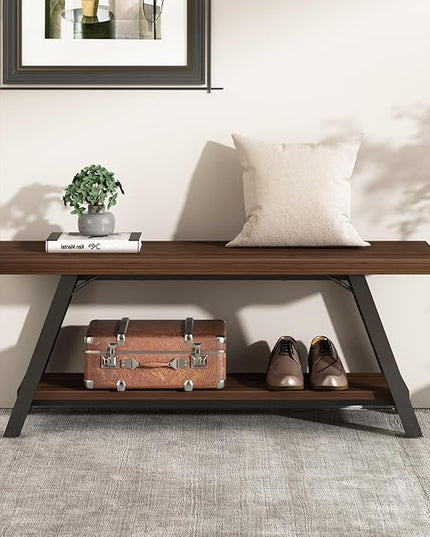 LVB Wood Entryway Bench, Industrial Metal Indoor Shoe Rack, Wooden Storage Bench for Bedroom, Farmhouse Hallway Seating, Walnut, 47 Inch
