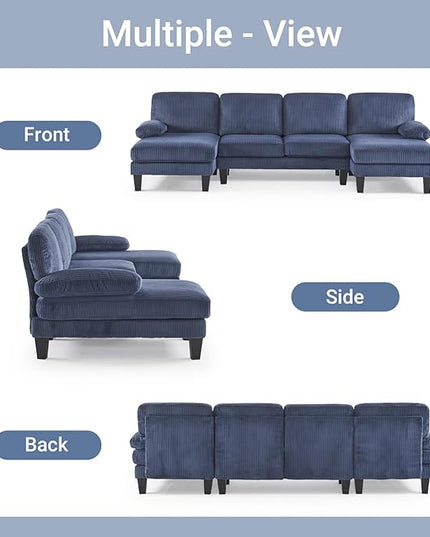 VINGLI 110" Sectional Couches for Living Room,U Shaped Couch with Double Chaise, 4-Seat Sofa Set with Corduroy Fabric for Home Furniture,Ocean Blue