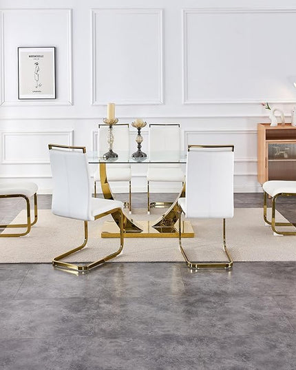 63” Glass Dining Table Set for 6,Gold Dining Room Table Set for 6,Modern Kitchen Table and PU Leather Chairs for 6, Dinner Table with Rectangle Tempered Glass Top and Golden Base