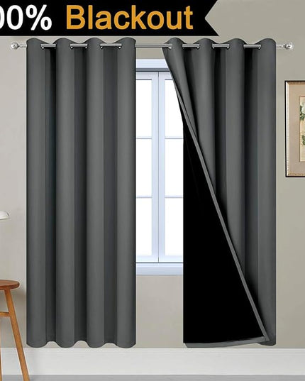 Yakamok 100% Blackout Curtains 72 Inches Long, 2 Thick Layers Thermal Insulated Window Treatment for Bedroom, Heat and Full Light Blocking Drapes with Black Liner (52Wx72L,Dark Grey,2 Panels)
