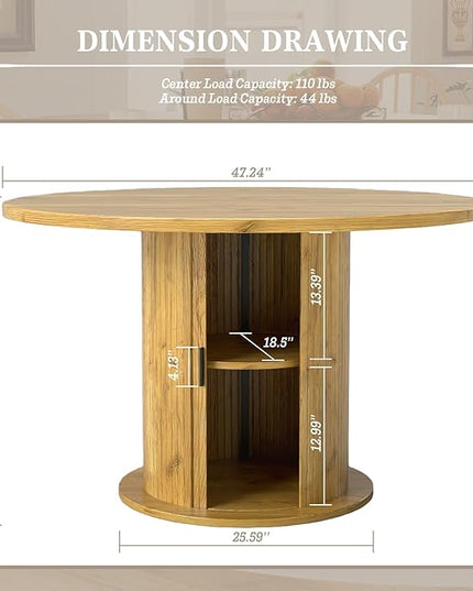 Round Table with Storage,47" Storage Kitchen Table for 4-6 People with Curved Sliding Door Fluted Wood Coffee Table Thickened Tabletop for Dining Room/Kitchen/Living Room,Light Oak Color