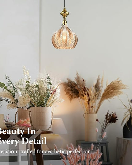 Modern Glass Pendant Light, 9"x15.3" Amber Sunset-Striped Hanging Fixture with Gold Cap, 15"-72" Adjustable Line, E26 Socket for Entryway or Bar Area – Sunset Gold Chalice