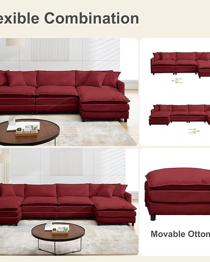 Modular Sectional Sofa,143.31'' Modern Sofa Sleeper Couch,Comfy Cloud Couches with 4 Seat & 2 Ottoman & 4 Pillows Sofa Set,Deep Seat Sofa with Movable Ottoman for Living Room,Chenille (Red, U Shaped)