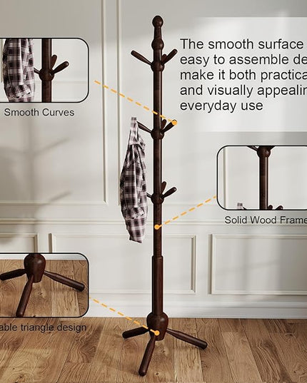 Solid Coat Rack Stand, Coat Rack Freestanding with 9 Hooks and Adjustable 3 Heights, Tree Coat Stand with Triangle Base for Entryway, Bedroom, Hallway, Wood Grain