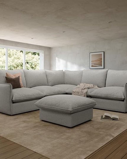 Waterproof Cloud Sectional Couches for Living Room,High Backrest Down Filled Couch,6 Seater Oversized Modular U-Shaped Sofas with Ottoman,Detachable Sofa Covers,Light Grey