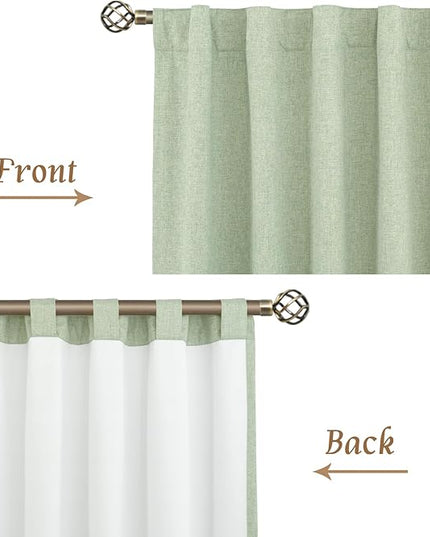 LAMIT 100% Blackout Linen Curtains, 63 Inches Linen Textured Thermal Bedroom Curtains Back Tab and Rod Pocket Neutral Panels with White Liner for Short Windows, 2 Panels, Light Green, 42 x 63 Inch