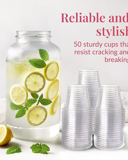 Prestee 50 Pack Plastic Cups - 9 oz Clear Disposable Cups for Cold Beverages, Cocktails, and Desserts - Durable Little Small Cup for Wine, Smoothies, Parties, Events, Catering, and Everyday Gatherings