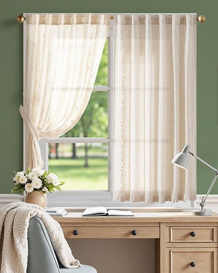 jinchan Winslow Linen Curtains 54 Inch Length Small Window Curtains Embroidered Bordered Floral Drapes Light Filtering for Bathroom Laundry Room Kitchen Farmhouse Decor White on Beige 2 Panels