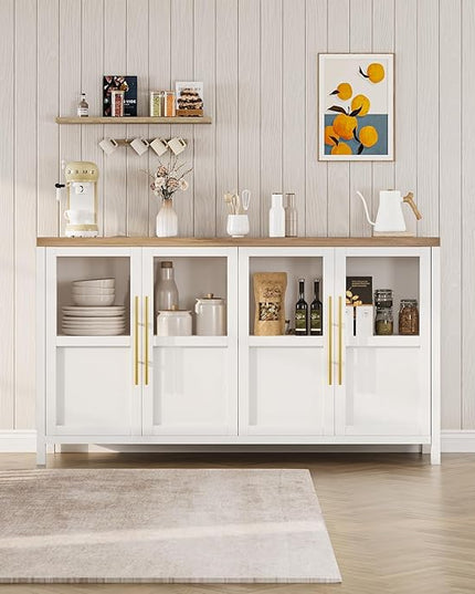 Sideboard Buffet Cabinet, 55" Large Modern Farmhouse Storage Cabinet Table with 4 Glass Doors and Shelves, Multi-Room Use for Kitchen, Dining Room, Living Room, and Hallway