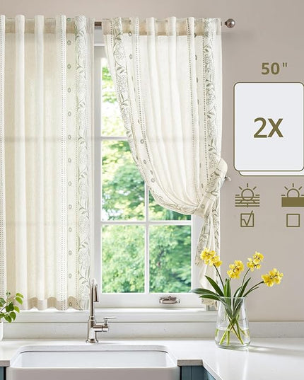 jinchan Winslow Linen Curtains 54 Inch Length Christmas Decorations Farmhouse Small Window Curtains Embroidered Bordered Floral Drapes Light Filtering for Bathroom Kitchen Sage on Beige 2 Panels