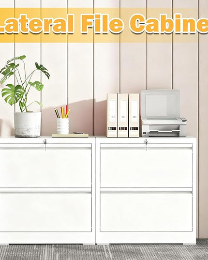 2 Drawer Lateral File Cabinet with Lock, File Cabinet, Metal Lateral Filing Cabinets for Home Office, File Storage Cabinet for Legal/Letter/A4 Documents, Assembly Required (White, 26'W)
