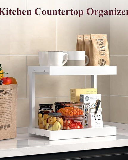 MARTY 2 Tier 15.75"x8.9" Large Countertop Shelf Organizer Spice Rack, Coffee Station Organizer for Mugs Cups, Wooden Shelf Desktop Storage Organizer for Kitchen Bathroom Home Office (White)