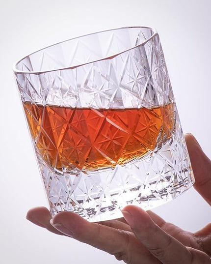 KAMMAK Crystal Whiskey Glass Set of 2, 7.44 oz (220ml) Old Fashioned Tumbler with Delicate Rim & Thick Stable Base, Hand Blown Lead-Free Barware for Scotch, Bourbon, Cocktail, 12-Facet