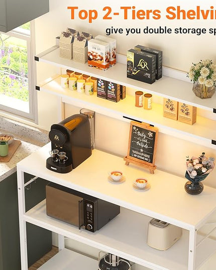 Aheaplus Bakers Rack with Power Outlet, Microwave Stand, 5 Tiers Coffee Bar Station with Led Lights, Kitchen Storage Shelf with 6 S-Shaped Hooks, Kitchen Rack Coffee Bar Stand, White
