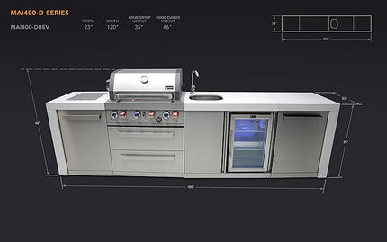 Mont Alpi MAi400-DBEV 32-inch 4 Burner 78000 BTU Deluxe Stainless Steel Modular Outdoor Kitchen Island Barbecue Grill with Beverage Center + Granite Countertops & Sides + Rotisserie and Grill Cover