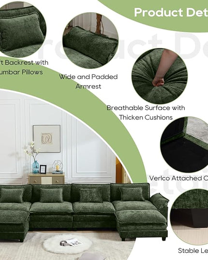 154" Modular Sectional Sofa, Comfy Cloud Couch Sectional Sofa with Ottoman, Chenille Sofa Sleeper Deep Seat Sofa with Throw Pillows for Living Room (Green, 154"- U Shape)