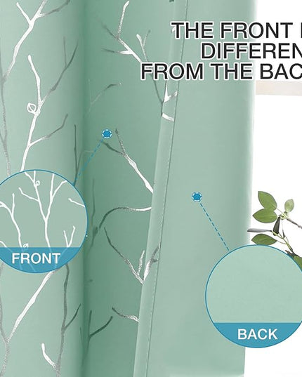 BUHUA Blackout Curtains 84 Inch Long 2 Panels, Soundproof Curtains with Elegant Silver Tree Branches Print, Heat Blocking Curtains for Livingroom, 52W x 84L, Aqua