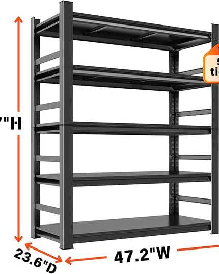 Heavy Duty Garage Shelving, 87" H x 47.2" W x 23.6" D, 3000 lbs Load Capacity, Sturdy Steel Metal Shelves for Storage, Industrial Black 5-Tier Shelving Rack for Garage, Basement, and Workshop