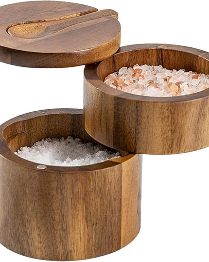 Salt Cellar – Pepper Container with Magnetic Swivel Lid Wooden Coffee and Sugar Storage Cellar Bowl with Spoon, Ideal for Seasoning, Cooking, Dining Table, Kitchen Countertop 3.54in