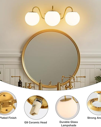 3 Lights Vintage Bathroom Vanity Light Fixtures Over Mirror, Brushed Gold Vanity Lights For Bathroom With Milk White Glass Globe Shade, Wall lights For Bedroom, Hallway, Dressing Table,Includ G9 Bulbs