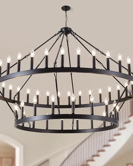 60-Inch Black Extra Large Wagon Wheel Chandelier, 2 Tier 54-Light Farmhouse Chandeliers Industrial Round High Ceiling Pendant Light for Dining Room, Living Room, Entryway, E12