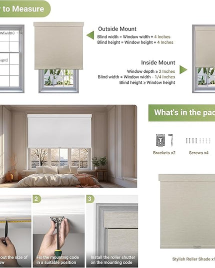 Blackout Roller Shades for Indoor Windows, Cordless Jacquard Fabric-Matched Roller Blinds, Easy to Install Privacy UV Protection Roll Up Blinds for Home Office, Beige, Custom Size