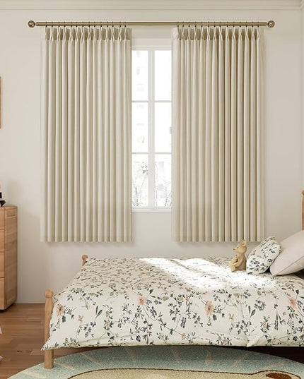 Linen Pinch Pleated Curtains 63 Inch Long, Cream Beige Curtain 2 Panels for Dining Room Kitchen Pleat Drapes with Hooks Rings Light Filtering Short Window Curtain Cabinet 40" x 63"