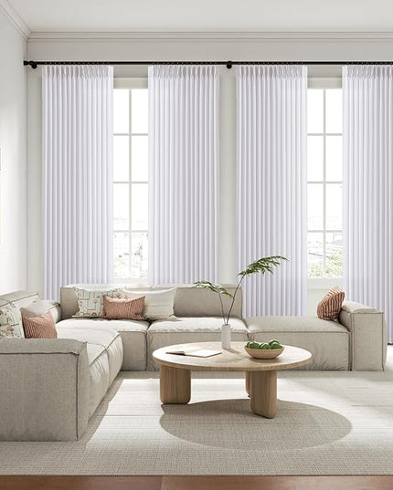 Pinch Pleated 90 Inch Long White Linen Curtains for Living Room, Light Filtering Pleat Drapes Bedroom Boho Window Memory Shaped Curtain for Track System Back Tab and Hooks 2 Panels