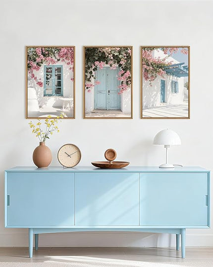 HOURIA Modern Greek Island Cityscape Framed Canvas Wall Art Set,European White House Blue Door Shutter Landscape Wall Decor,Santorini Natural Pink Flower Artwork for Living Room, Bedroom-16 x24 x3