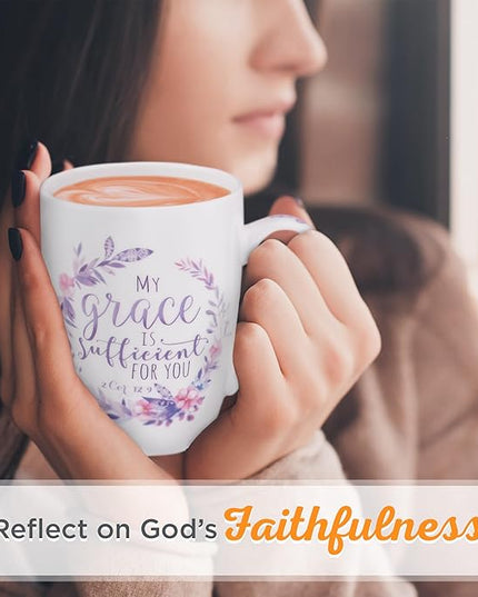 Christian Art Gifts Encouraging Ceramic Coffee & Tea Scripture Mug for Women: My Grace Is Sufficient Inspirational Bible Verse, Microwave/Dishwasher Safe, Cute Drinkware, White & Purple Floral, 12 oz.