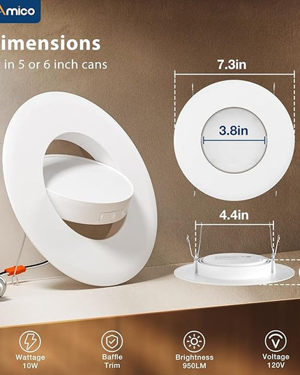 Amico 1 Pack 6 Inch Retrofit Eyeball Gimbal Can Lights, Adjustable Eyeball Directional 5CCT LED Recessed Lights, Dimmable, 2700K/3000K/3500K/4000K/5000K Selectable, 7W 650LM, ETL&FCC