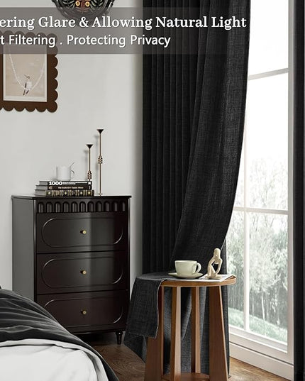 Pinch Pleated Black Linen Curtains 84 inches Long for Bedroom, 2 Panels Set Light Fitering Privacy Luxury Thick Flax Blend Window Curtain with Hooks Rings Rustic Living Room Drapes 84" Length
